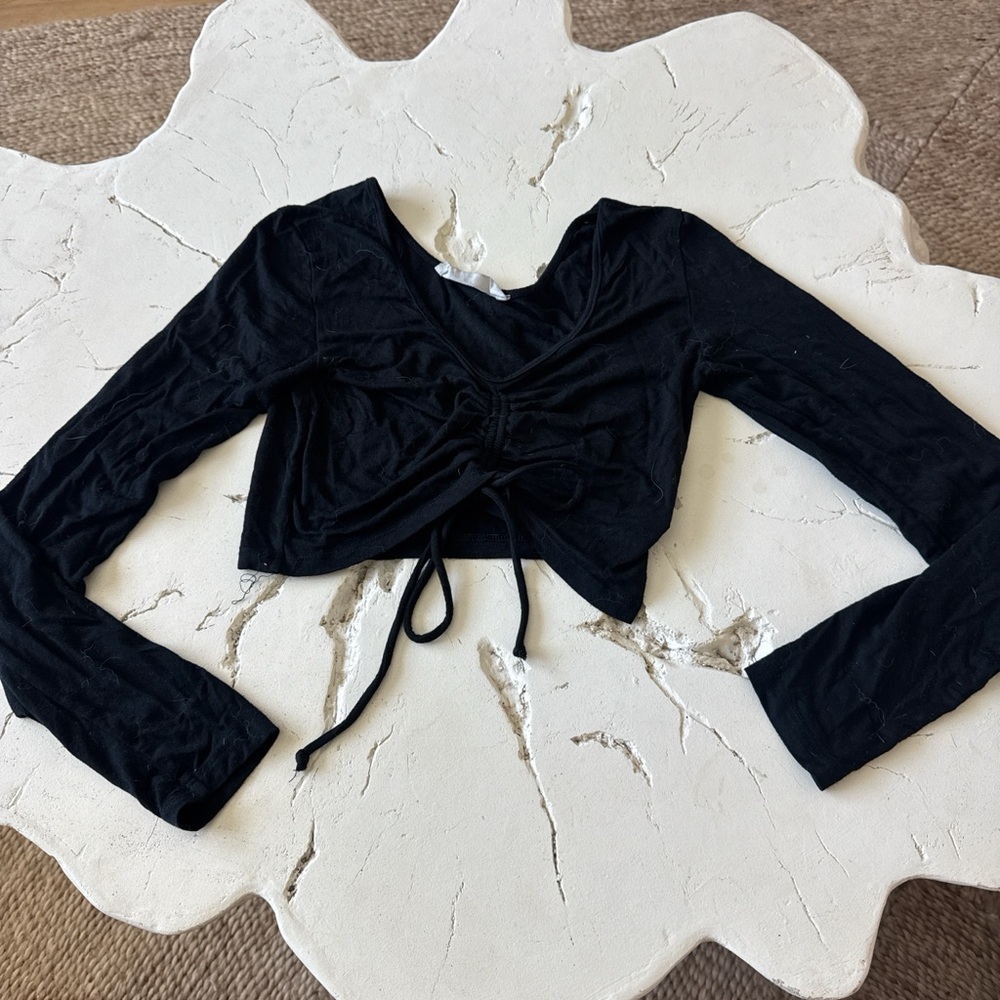 Emma & Sam Black Ruched Drawstring Long-Sleeve Crop Top
